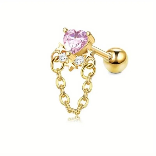 Piercing Tragus Coração e Corrente Aço PVD Gold